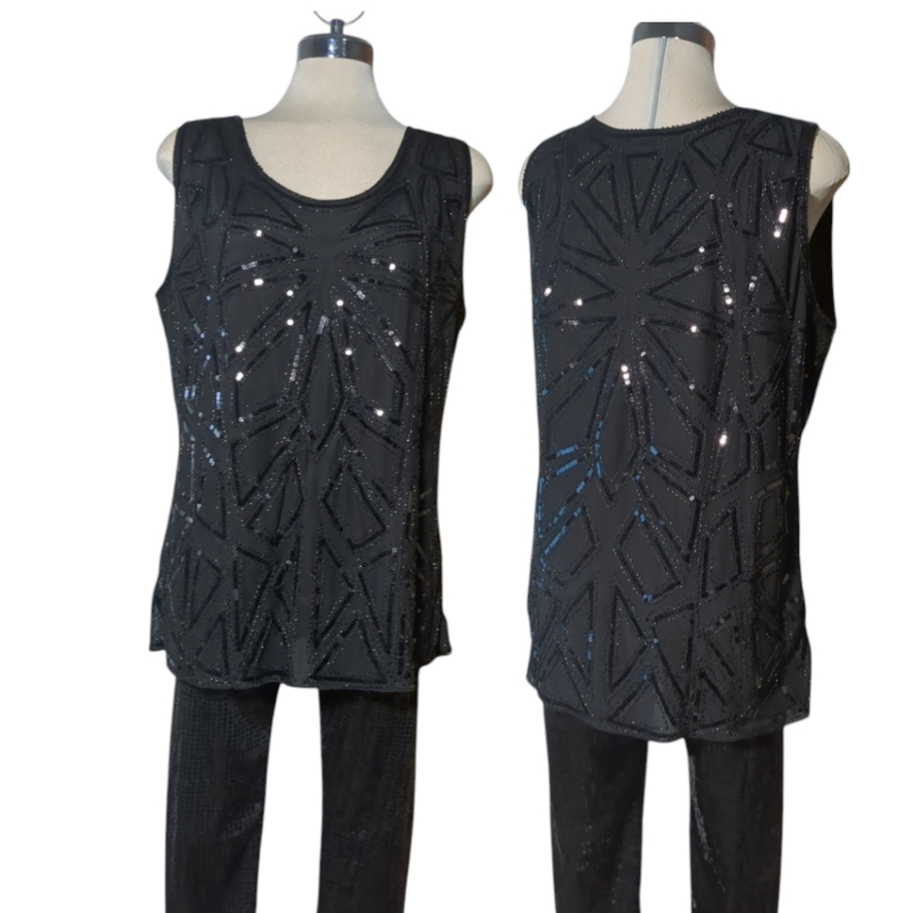 Evidence Luxury Black Sleeveless Sequin Beaded Long Blouse Size XXL